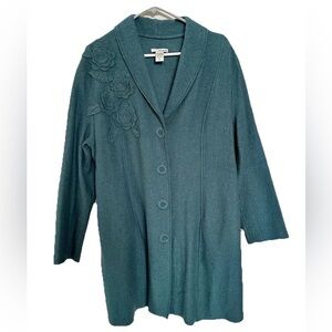 VTG Two Star Dog Wool Teal Boxy Long Coat w/ Floral Art Decor XL Cottagecore